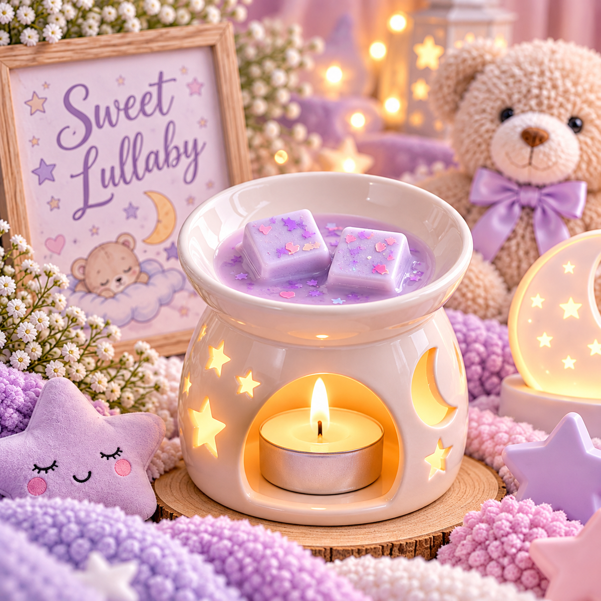 A pastel lavender wax melt warmer with a lit tealight candle, surrounded by cozy plush toys, flowers, and a framed sign that reads 'Sweet Lullaby' in a soft, dreamy bedroom-style setting.