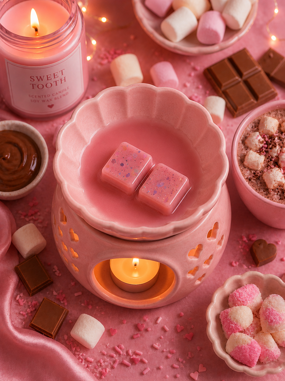 A pink wax warmer with two pink wax melts melting inside, styled on a pink surface with marshmallows, chocolate pieces, a pink candle labeled 'Sweet Tooth,' and small bowls of toppings.
