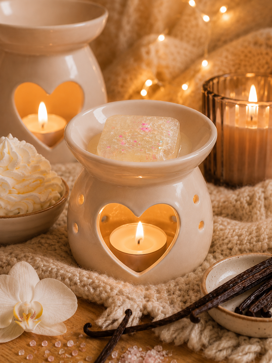 A warm spa-style ceramic wax warmer with a heart-shaped cutout, lit with a small tealight candle and holding a square gel wax melt. The scene is styled with additional candles, whipped cream, vanilla beans, a white orchid flower, and a knitted blanket in a cozy indoor setting.
