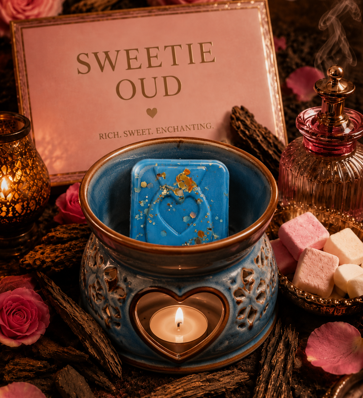 A blue wax melt with gold leaf flakes sits in a blue and bronze heart-shaped wax warmer with a lit candle. The scene is styled with pink roses, a pink 'Sweetie Oud' card, a pink perfume bottle, and pink and white sugar cubes.