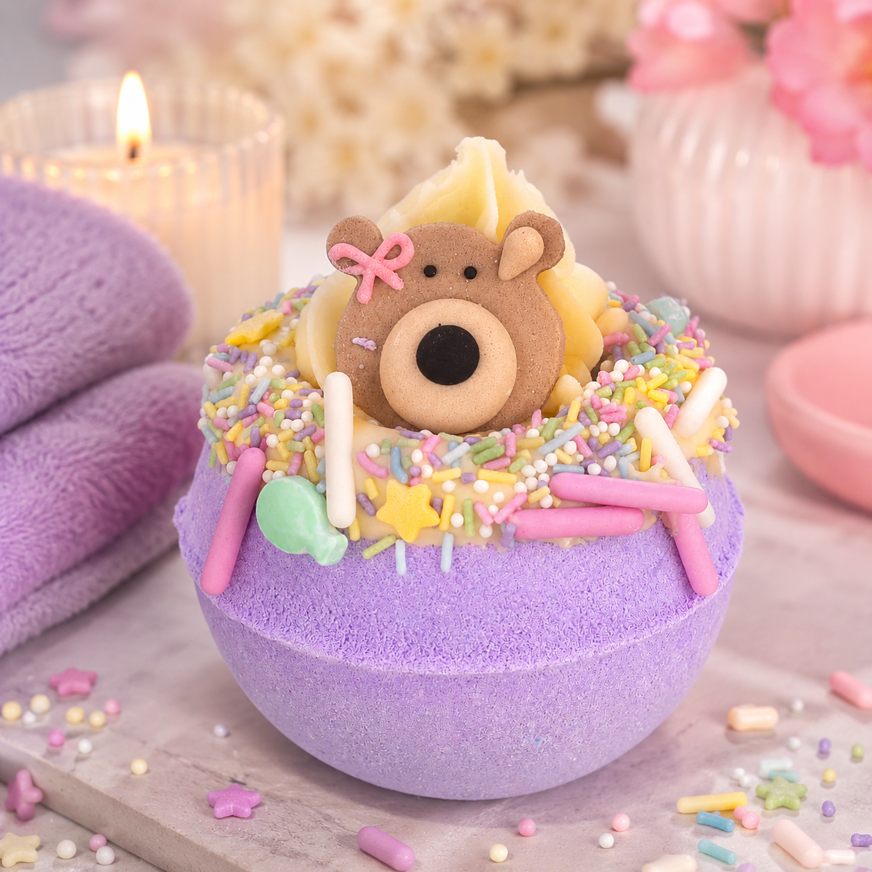 Purple bath bomb with teddy bear decoration on a wooden surface with colorful sprinkles.