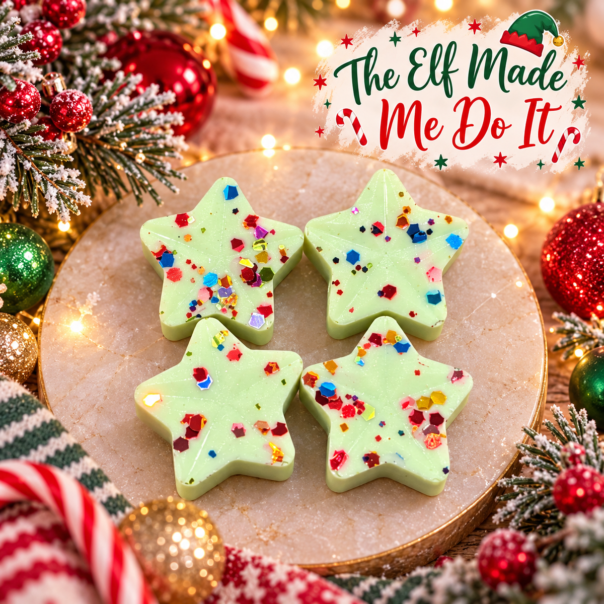 The elf made me do it soy star shape wax melts with festive christmas elf background theme.