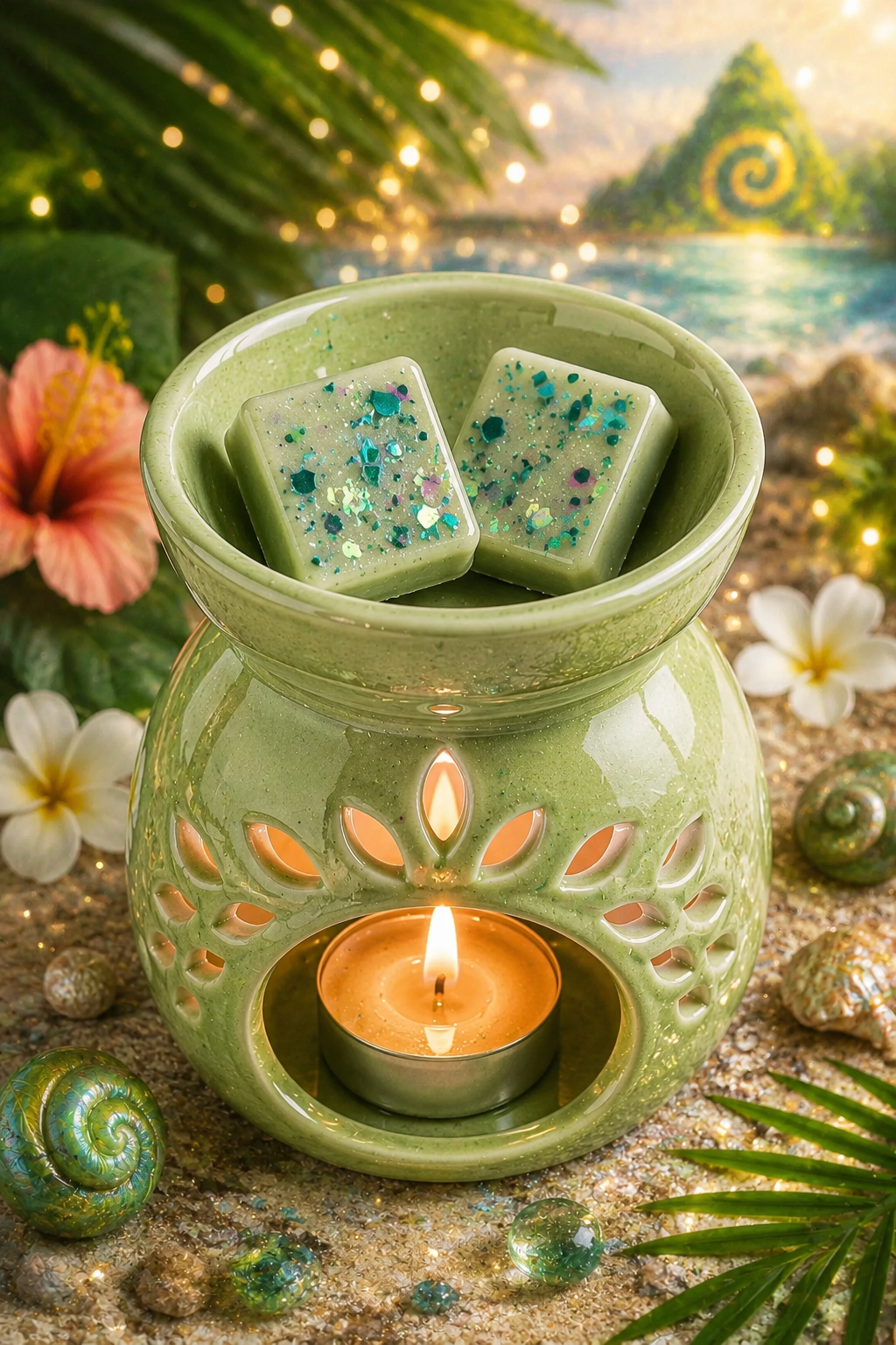 green wax melts in burner with magical island theme.