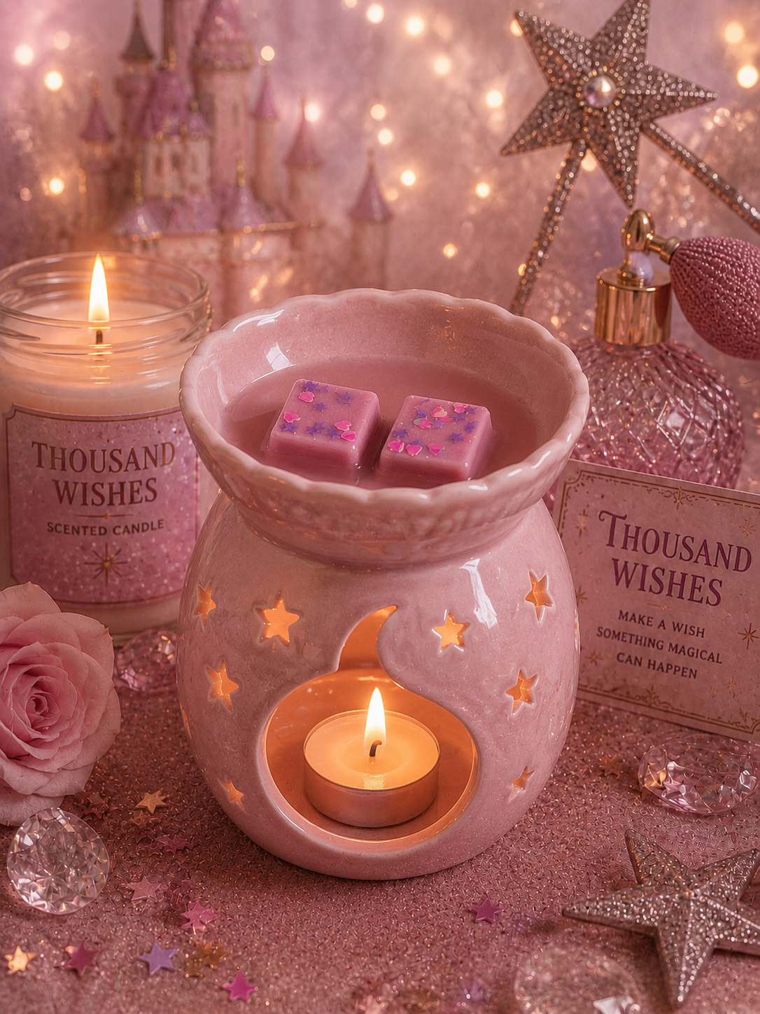 thousand wishes wax melt in wax melt warmer with magical background candles, perfume, stars and castle.