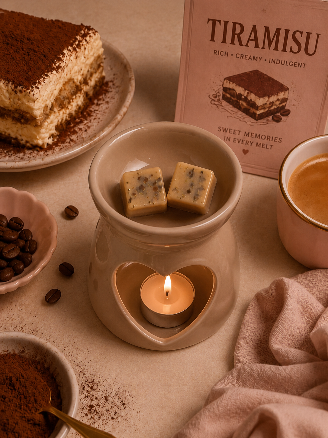 Tiramisu wax melt bar surrounded by bakery goods.
