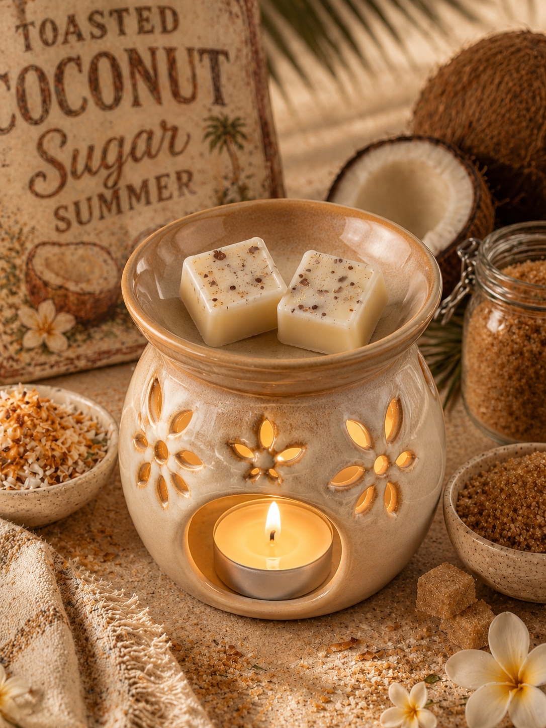toasted coconut sugar wax melts in burner with matching coconut sugar background.