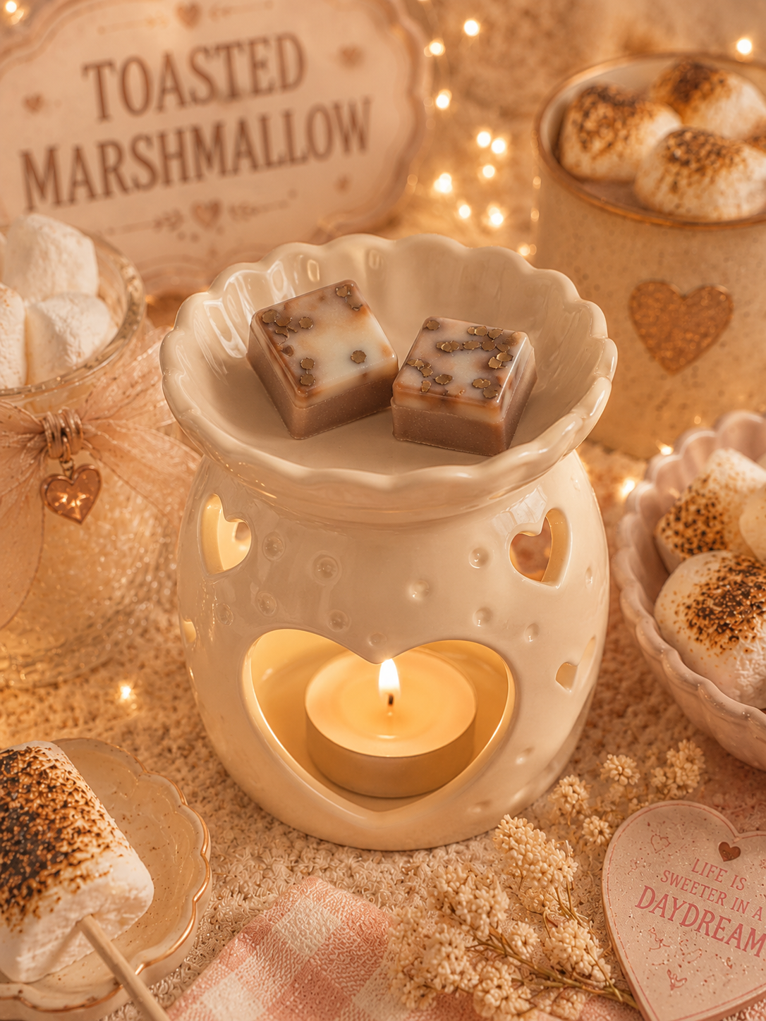 toasted marshmallow wax melts in burner with matching background theme.