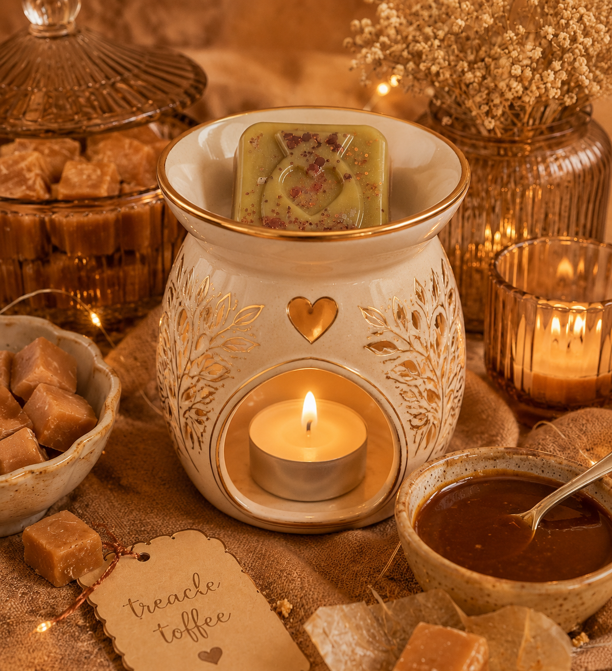 Gold wax melt in burner surrounded by toffee and sweet decor.