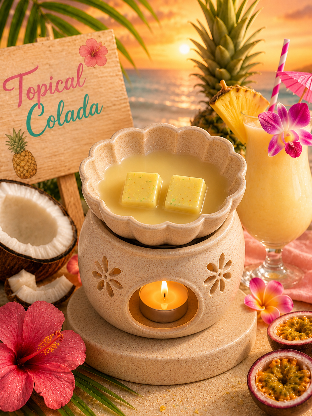 A tropical-themed product display featuring a beige wax warmer with a lit tealight candle, filled with pale yellow wax and two wax squares. Surrounding props include a tropical sunset beach scene, pineapples, hibiscus flowers, a cocktail glass, and a sign reading 'Topical Colada'.