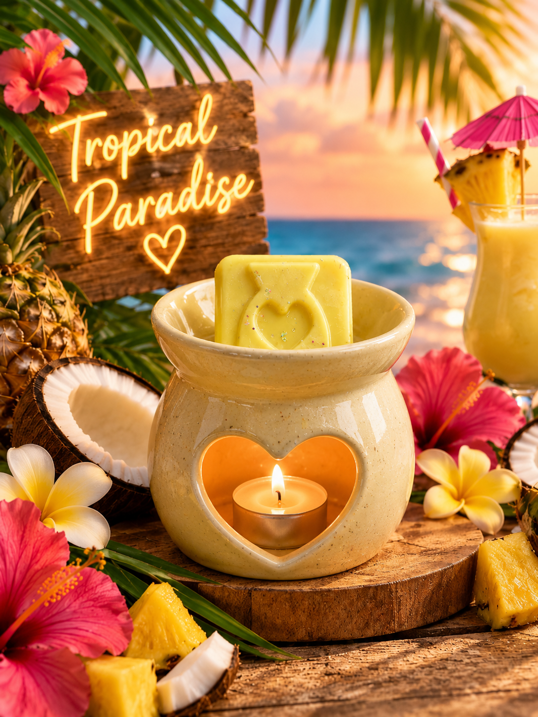 A tropical-themed scene with a heart-shaped ceramic candle warmer holding a lit tealight candle and a yellow wax melt. Pineapples, coconuts, hibiscus flowers, palm leaves, and a beach sunset backdrop create a warm resort atmosphere.