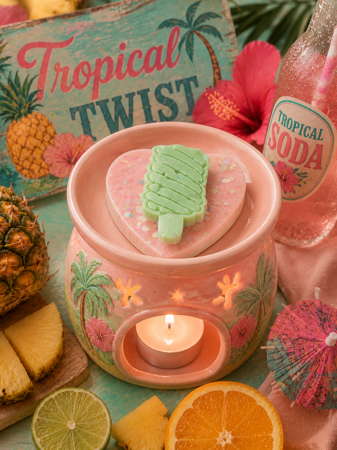 Tropical twist scented wax melt in burner surrounded by summery fruits.