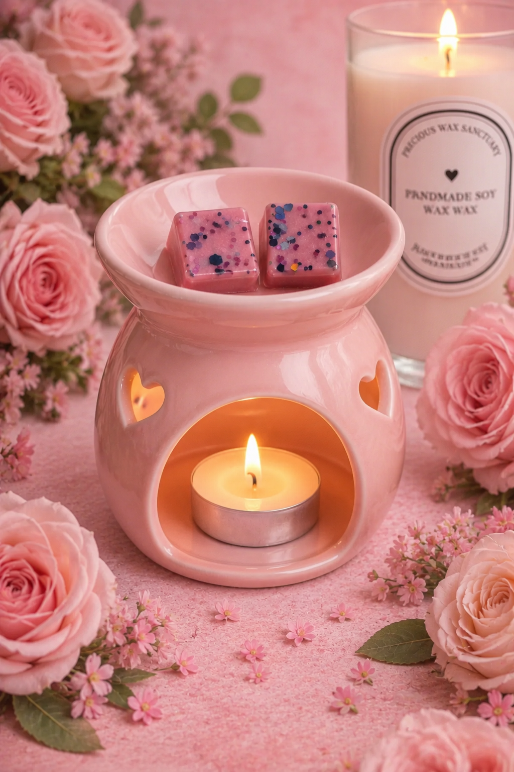 A pink ceramic wax warmer with a lit tealight candle inside, holding two pink wax melts with blue and purple flecks. The scene is styled with pink roses, small flowers, and a candle jar in the background on a pink surface.