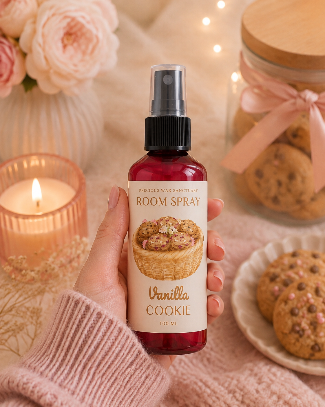 A hand holds a bottle of Vanilla Cookie room spray against a cozy, warm background with a lit candle, pink roses, and cookies in jars.