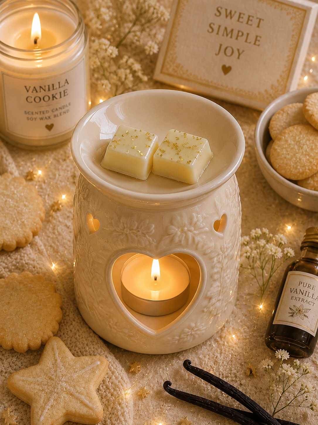 A ceramic heart-shaped wax warmer with a lit tea light candle inside, topped with two small wax melts. The scene is styled with cookies, vanilla beans, a candle labeled 'Vanilla Cookie,' a small bottle of vanilla extract, and a sign reading 'Sweet Simple Joy' on a cozy cream fabric background.