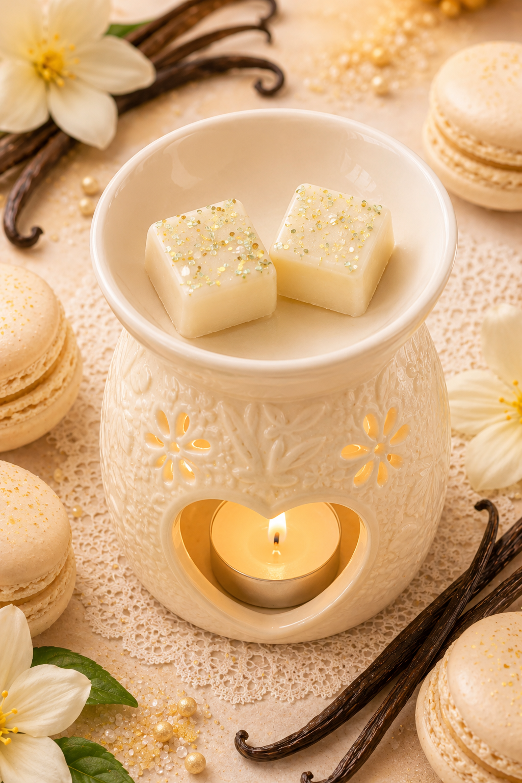 vanilla macaroon wax melts in burner with matching background.
