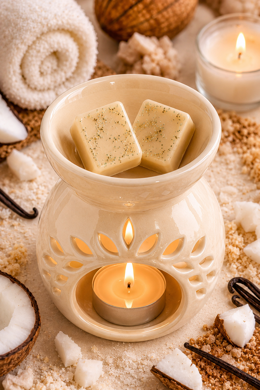 vanilla wax melts in burner with codsy background.