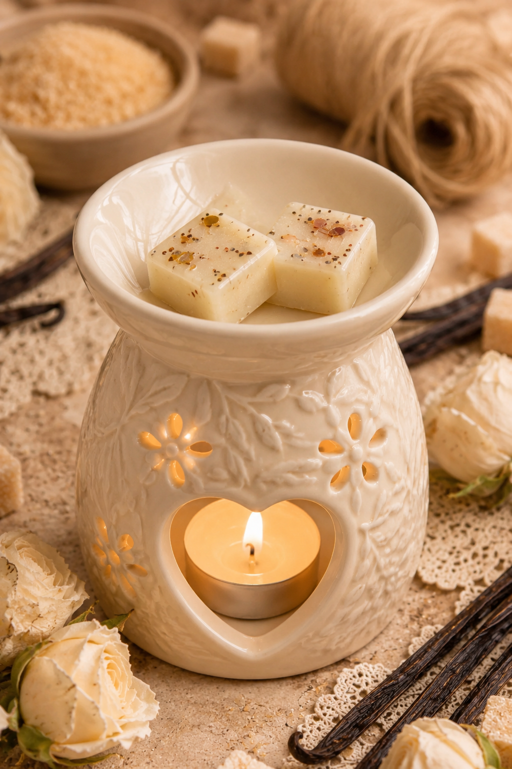 vintage vanilla wax melt in burner with cosy background theme.