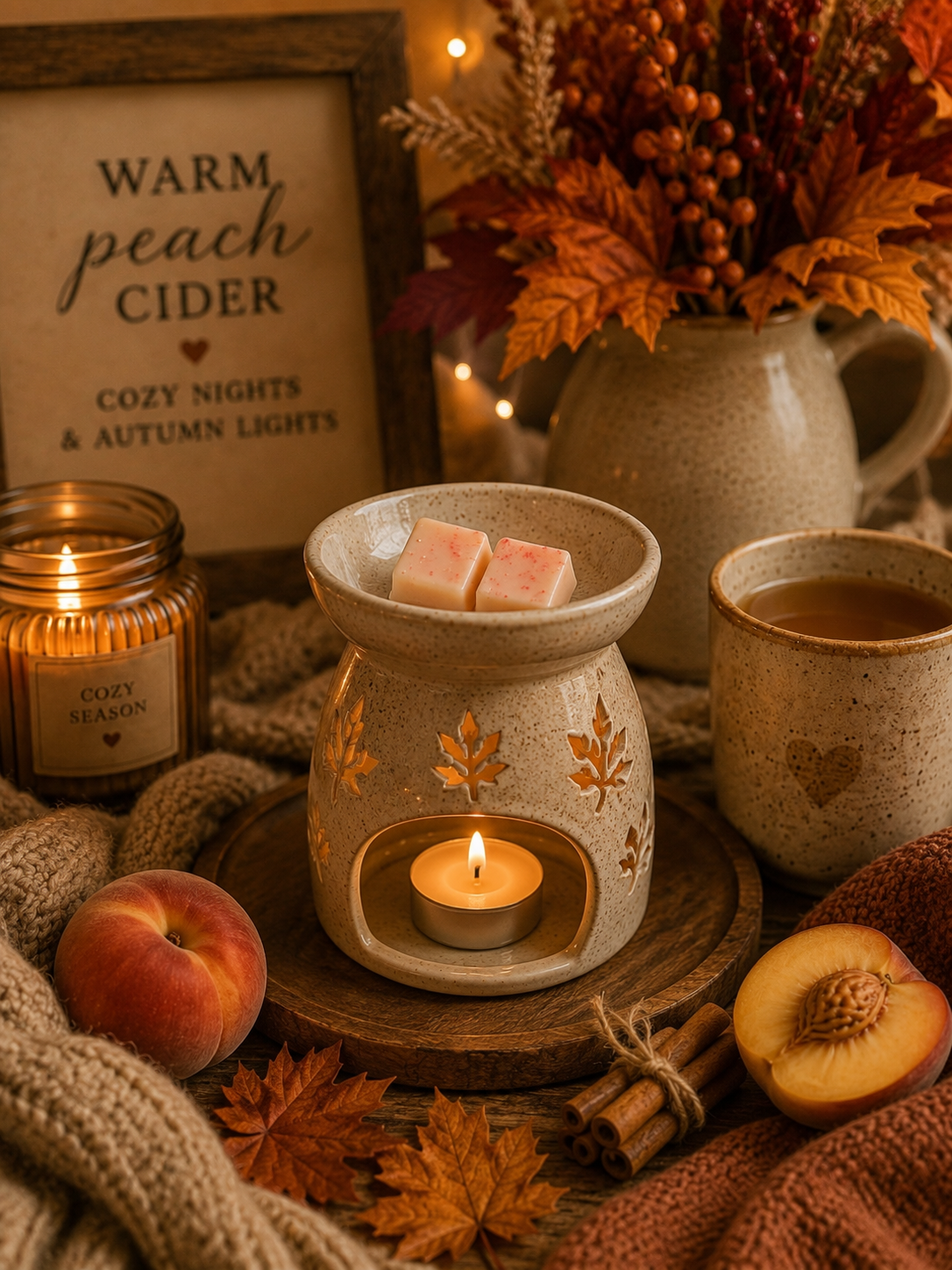 A cozy autumn-themed scene featuring a speckled ceramic wax warmer with a tea light candle and two pink wax cubes, surrounded by fall decor including peaches, cinnamon sticks, leaves, a mug of cider, and a candle jar. A framed sign reads 'Warm peach cider Cozy nights & autumn lights.