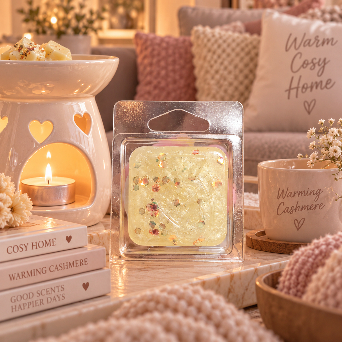 A packaged gel wax melt or scented melt block sits on a tabletop in a cozy home setting, surrounded by warm lighting, pillows, books, and matching home decor. The product is in a clear plastic clamshell package with a small printed label.