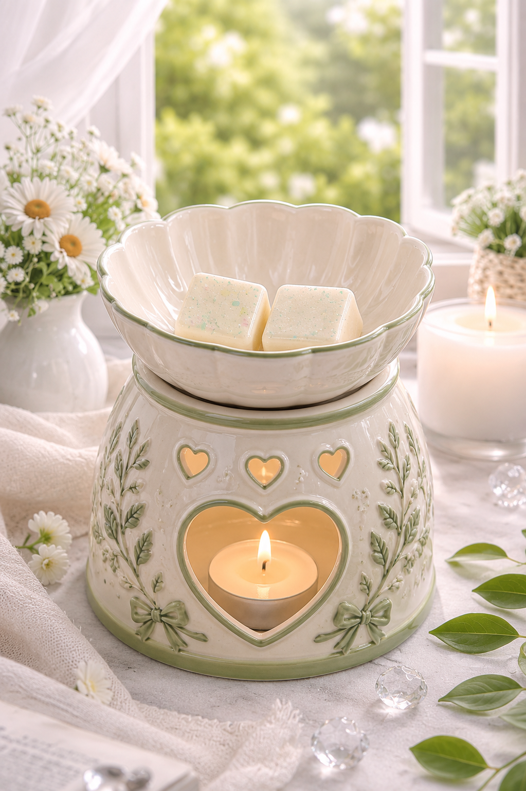 A ceramic wax warmer with a heart-shaped cutout and green floral detailing, holding a lit tealight candle, with a scalloped bowl on top containing two wax cubes. The scene is styled on a table with white flowers, green leaves, and a soft-focus window background.