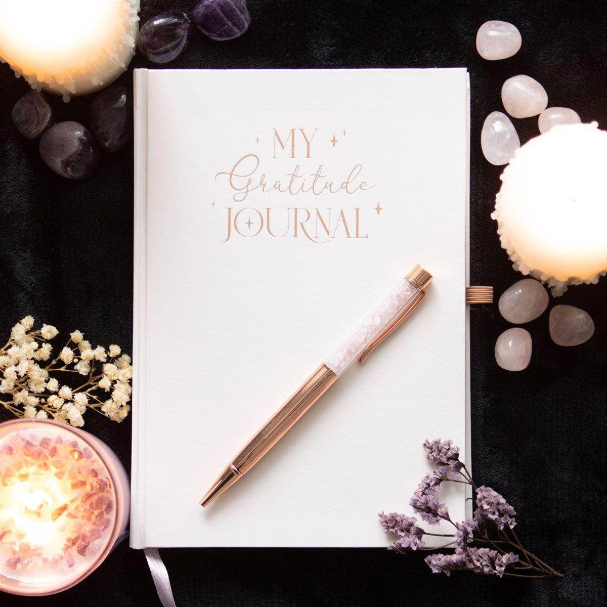 Pink Gratitude Journal with Rose Quartz Pen - Precious Wax Sanctuary
