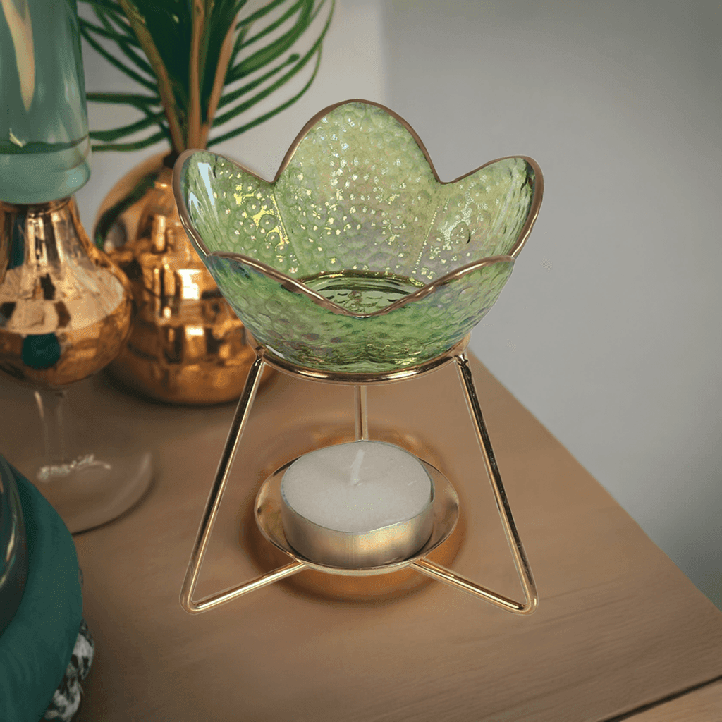 Metal Frame Glass Petal Oil/Wax Warmer - Green 11cm - Precious Wax Sanctuary