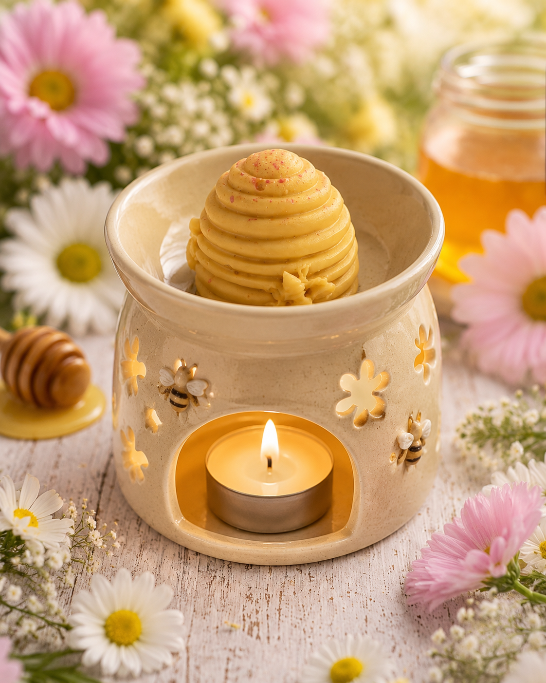 A ceramic honeybee-shaped candle warmer with a lit tealight candle inside, topped with a small beehive-shaped wax melt. The warmer has cutout floral details and is styled with pink and white flowers, a honey dipper, and a jar of honey on a rustic white wooden surface.
