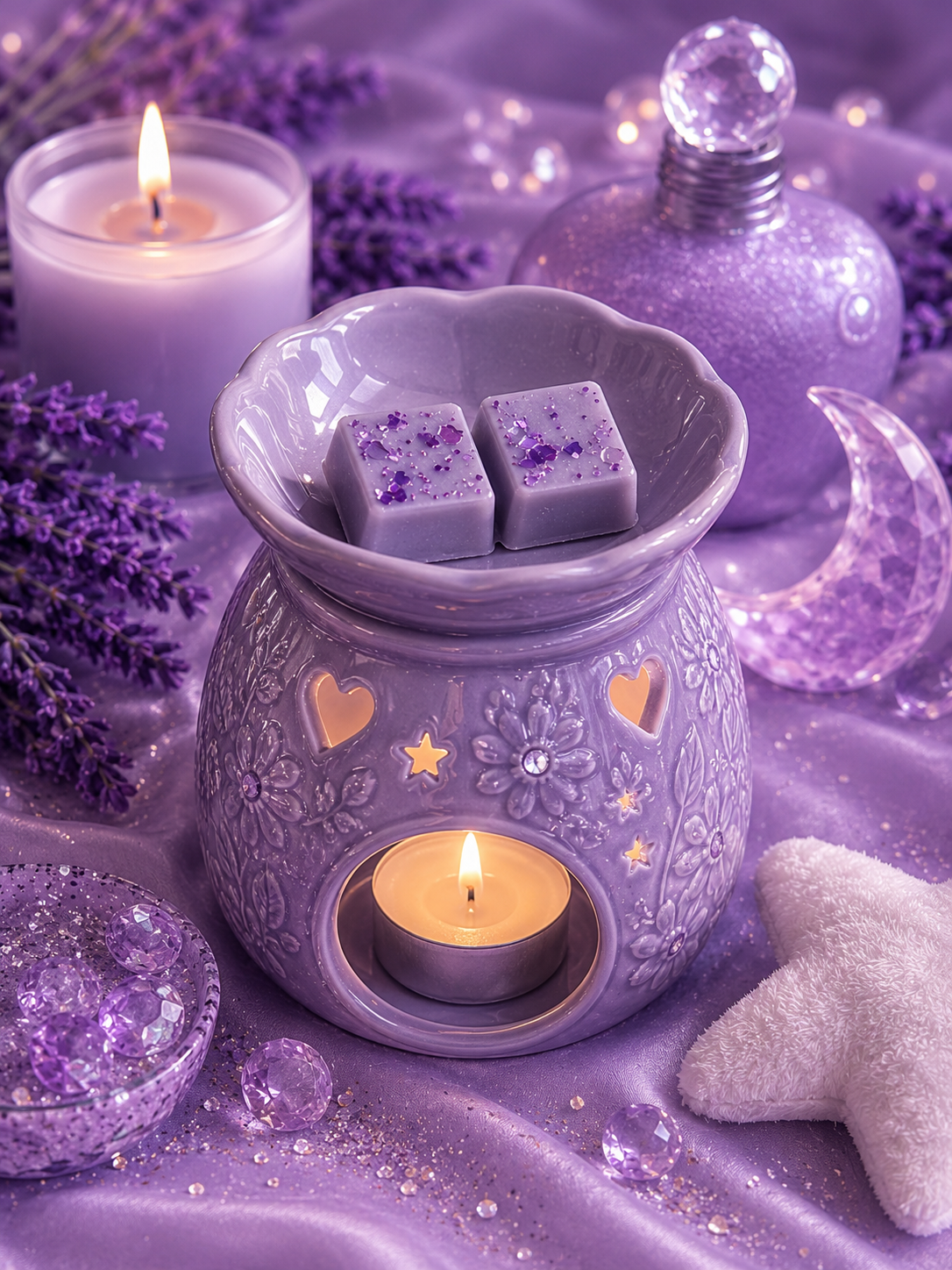 sleepy wax melts in wax melt burner with lavender and crystal background.
