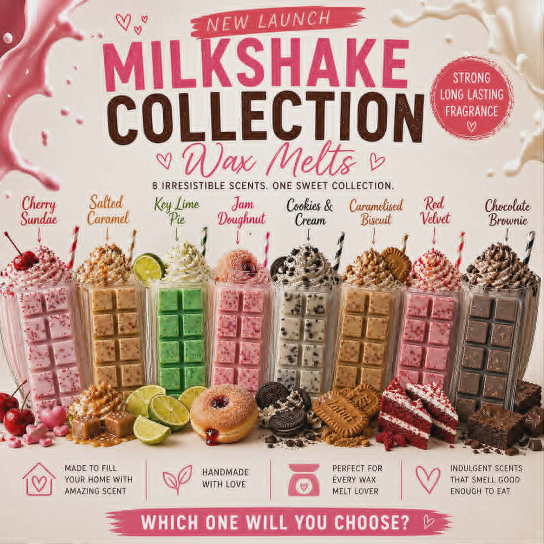 Dessert-inspired milkshake wax melts collection with eight scented snap bars styled with matching treats