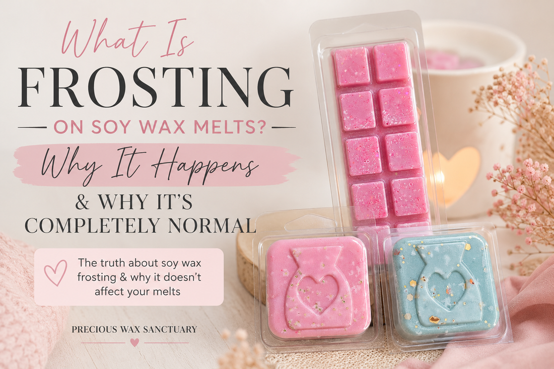 Pink and blue handmade soy wax melts showing natural frosting and white crystalline patches on the wax surface.