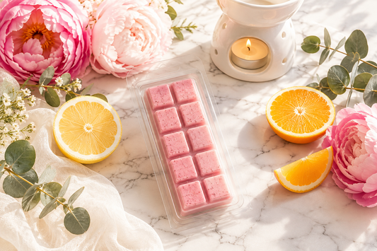 Pink handmade soy wax melt bar styled with fresh citrus, peonies and a ceramic wax burner for summer home fragrance.
