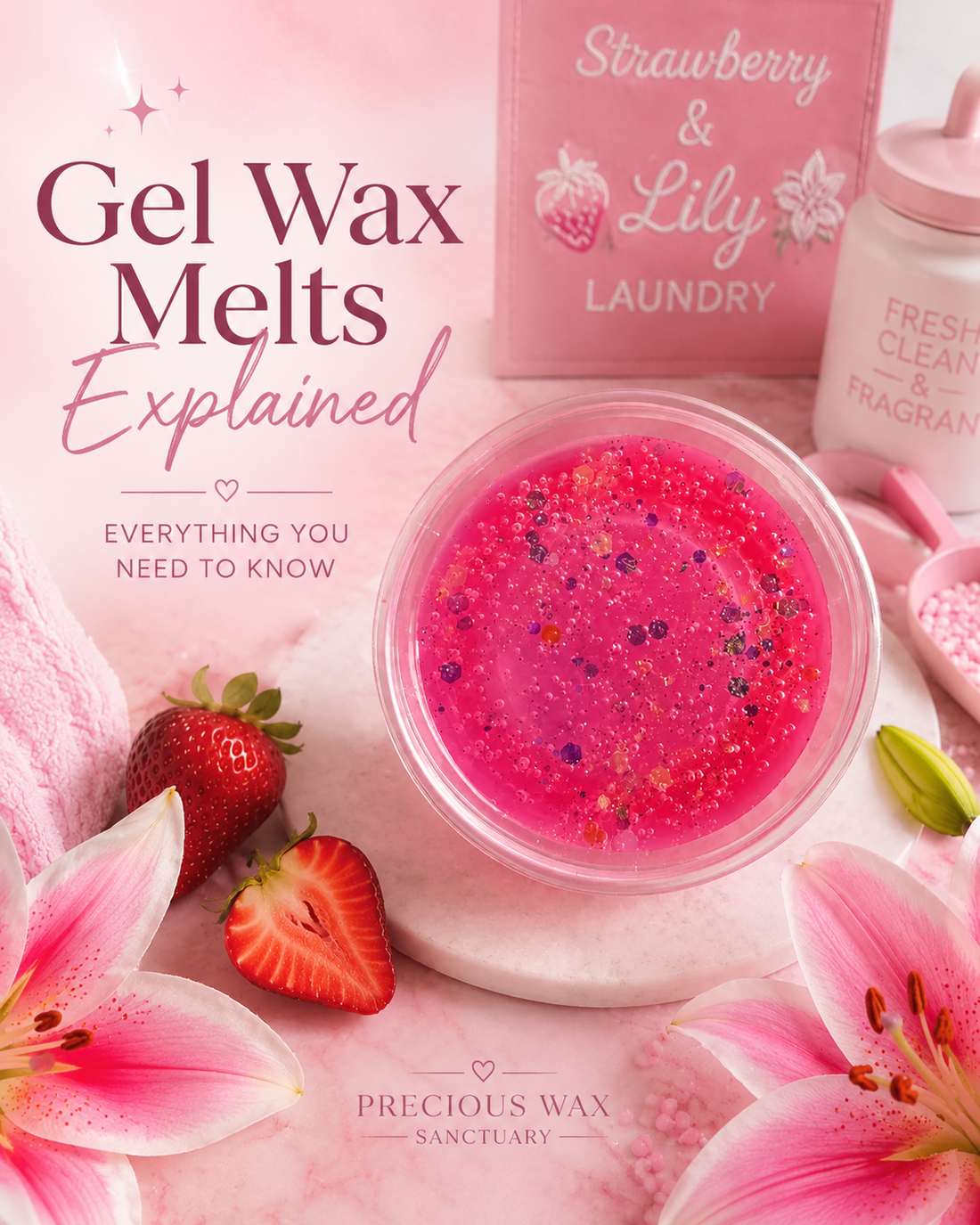 Handmade gel wax melts from Precious Wax Sanctuary with strawberry and lily-inspired home fragrance styling.