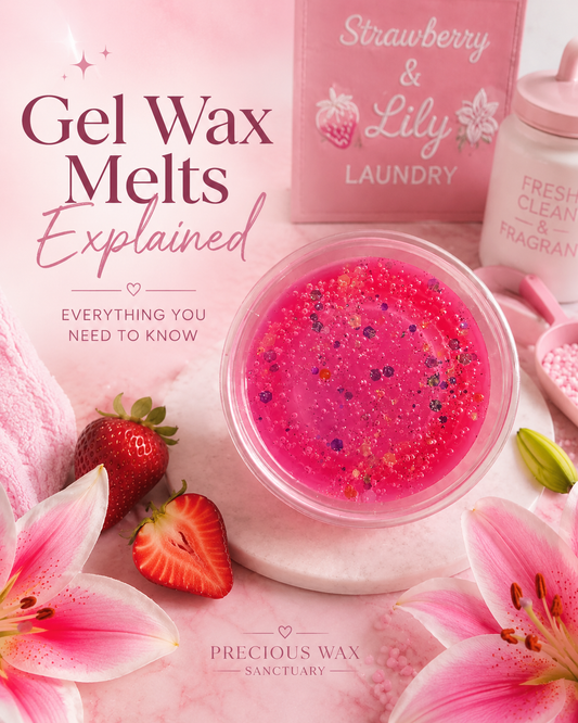 Handmade gel wax melts from Precious Wax Sanctuary with strawberry and lily-inspired home fragrance styling.