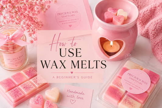 Pink wax burner with handmade soy wax melts in a soft pink flat lay for a beginner's guide on how to use wax melts by Precious Wax Sanctuary.