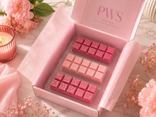 Handmade soy wax melt bars in a pink gift box with floral styling by Precious Wax Sanctuary.