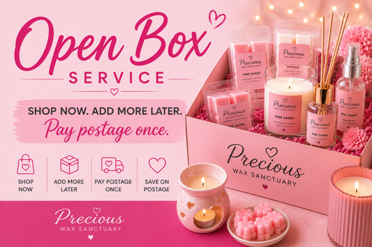Open Box Service at Precious Wax Sanctuary showing wax melts, candles and home fragrance with the message "Shop now, add more later, pay postage once".