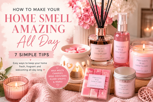 Handmade home fragrance products including wax melts, candles, reed diffusers and room spray with tips to make your home smell amazing all day.