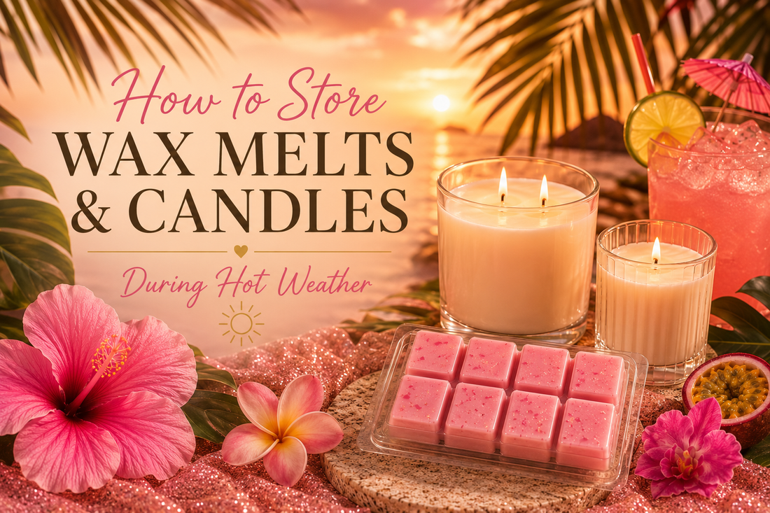 Warm tropical summer scene featuring pink wax melts and lit candles styled with hibiscus flowers, palm leaves, and a sunset beach backdrop, with text reading “How to Store Wax Melts & Candles During Hot Weather”.