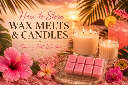 Warm tropical summer scene featuring pink wax melts and lit candles styled with hibiscus flowers, palm leaves, and a sunset beach backdrop, with text reading “How to Store Wax Melts & Candles During Hot Weather”.