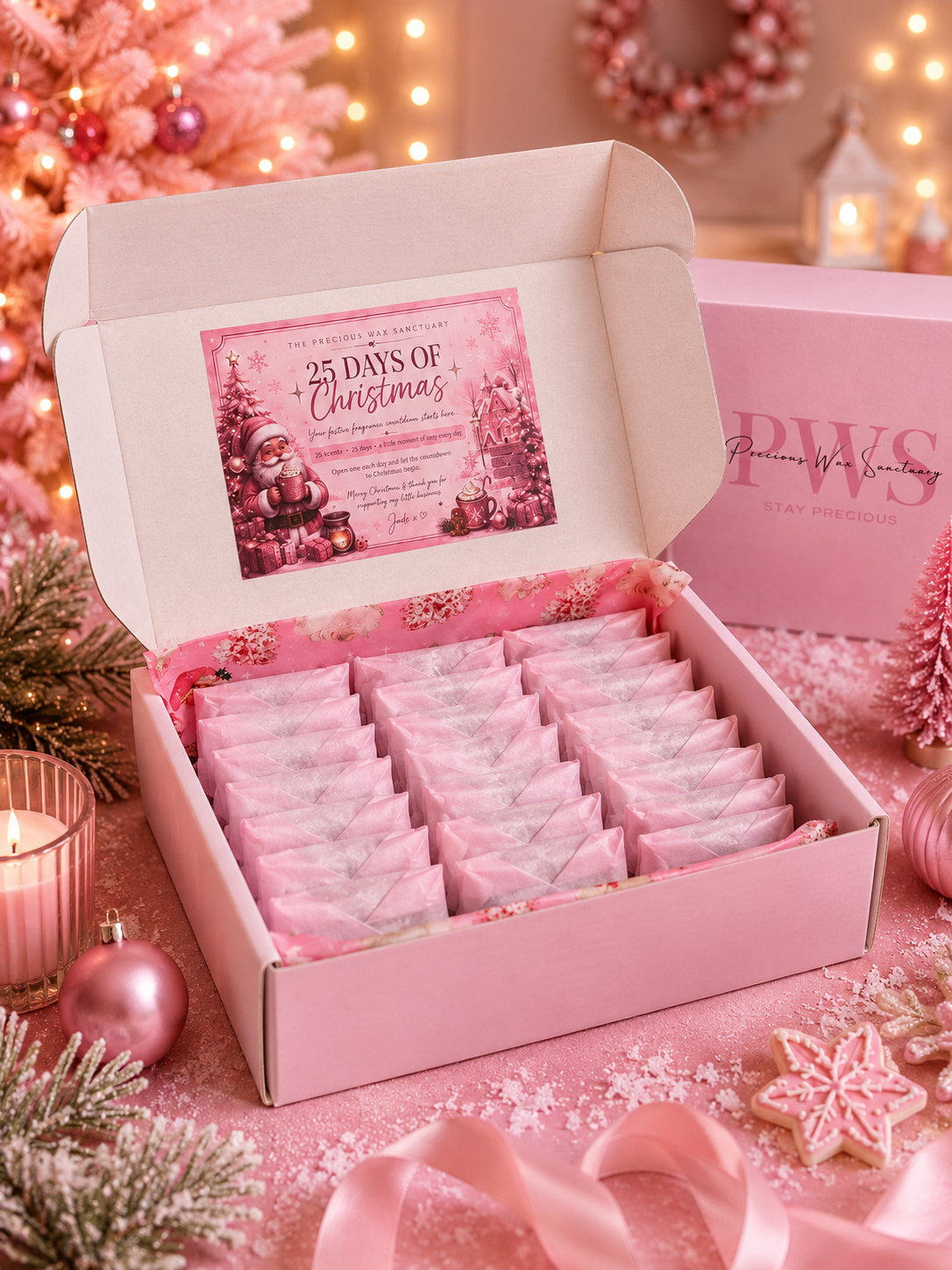 An open pink gift box filled with multiple small wrapped items, displayed on a festive holiday surface with a Christmas tree, ornaments, lights, and ribbon. The inside lid card reads '25 Days of Christmas wax melt advent calendar,' and the box exterior shows 'PWS' branding.
