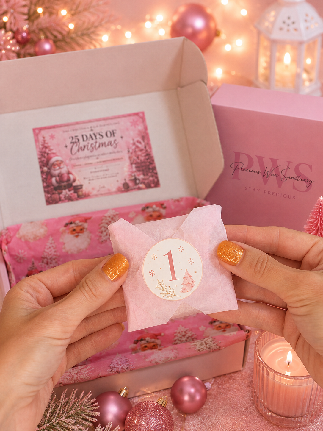 A person's hands holding a small pink tissue packet with a round white sticker showing the number 1, set against a festive Christmas advent gift box arrangement with pink wrapping paper, a pink gift box labeled 'PWS', and warm holiday lights in the background.