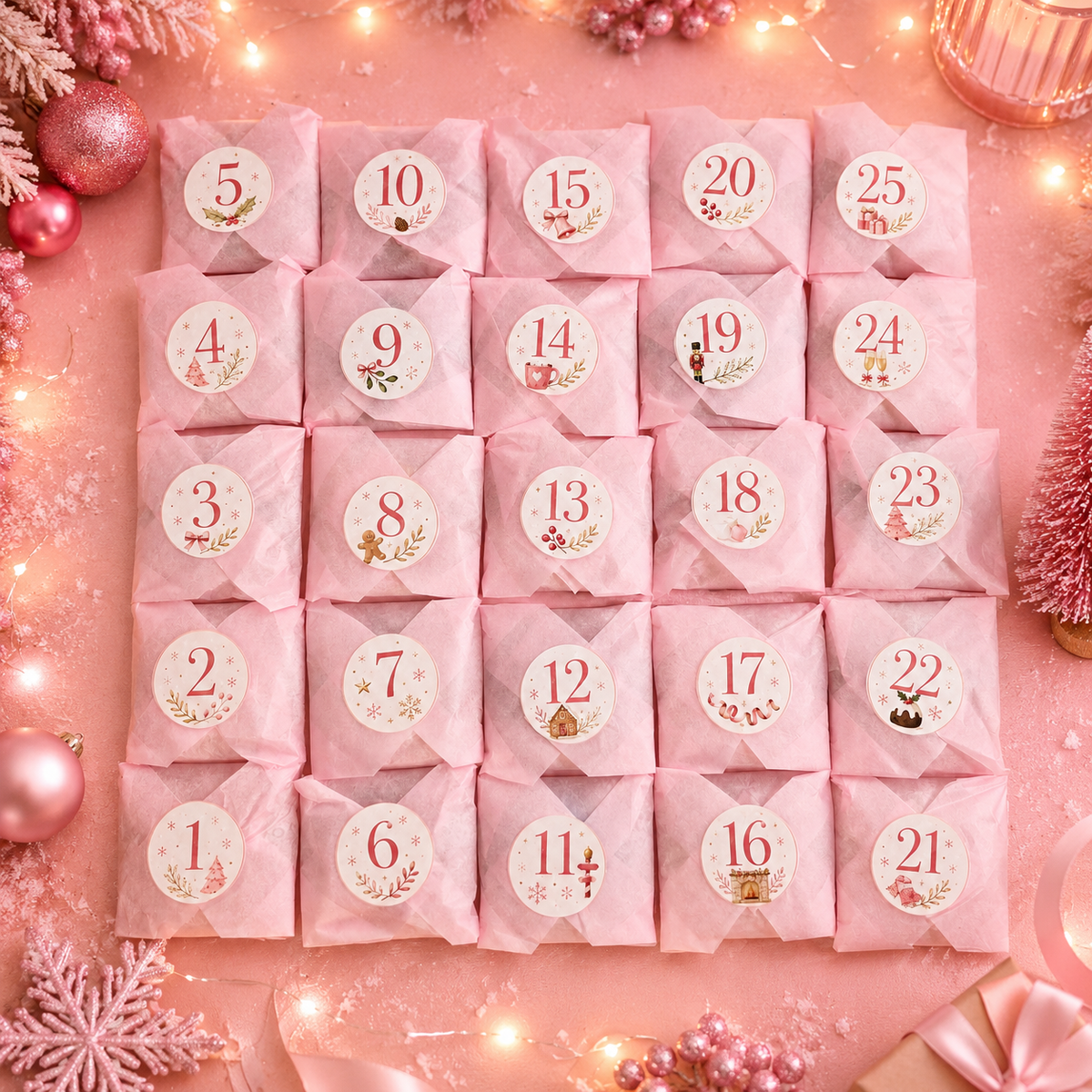 A pink advent calendar made of 25 small wrapped boxes arranged in a 4-by-6 grid, each labeled with a numbered day from 1 to 25. The scene is styled with festive pink ornaments, fairy lights, snowflakes, and gift elements on a pink background.