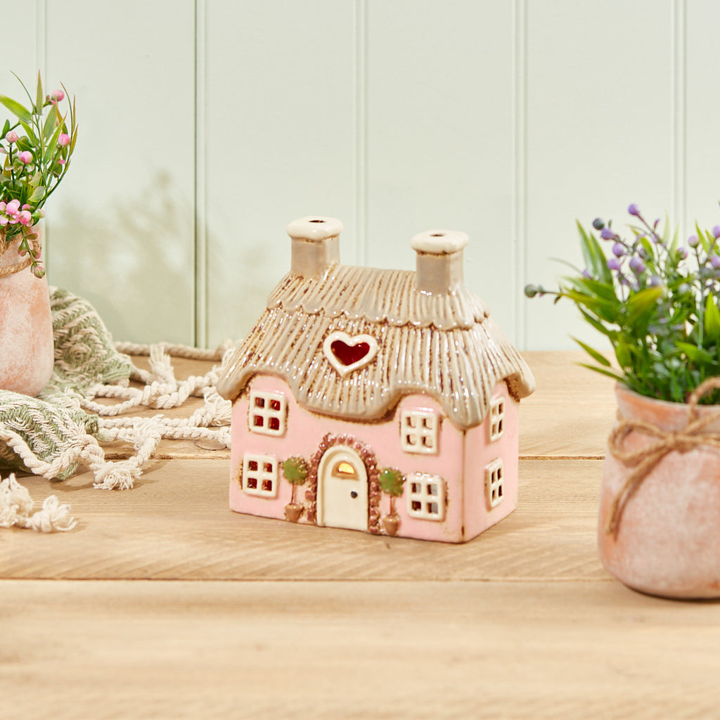 Pink Cottage Tealight Holder Embossed Stoneware