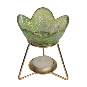 Metal Frame Glass Petal Oil/Wax Warmer - Green 11cm