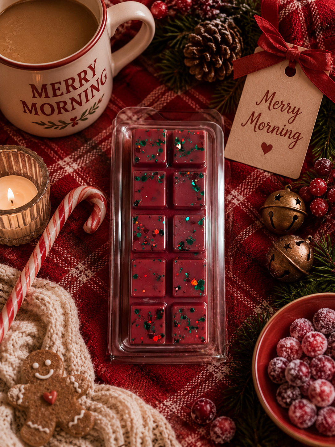 Red Christmas-themed wax melts in a mold on a festive table with a mug, candy cane, and cranberries.