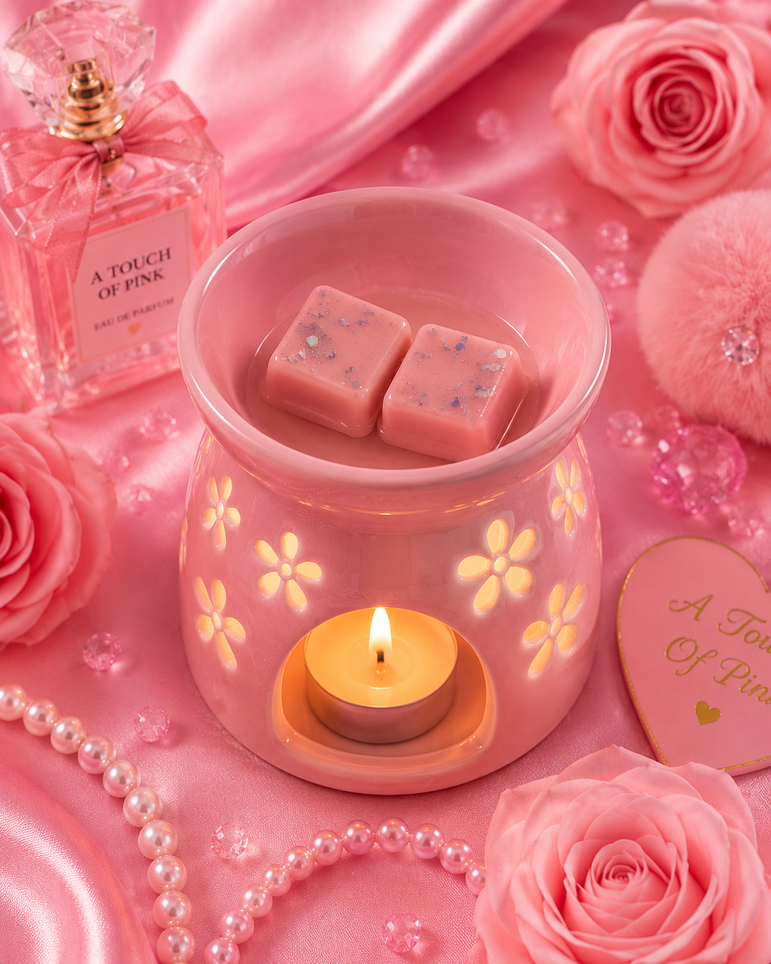 A pink wax warmer with floral cutout details and a lit tealight candle inside, containing two pink wax cubes with small blue flecks. The scene is styled with pink roses, pearls, a perfume bottle labeled 'A TOUCH OF PINK,' and a heart-shaped card with matching text on a pink satin background.