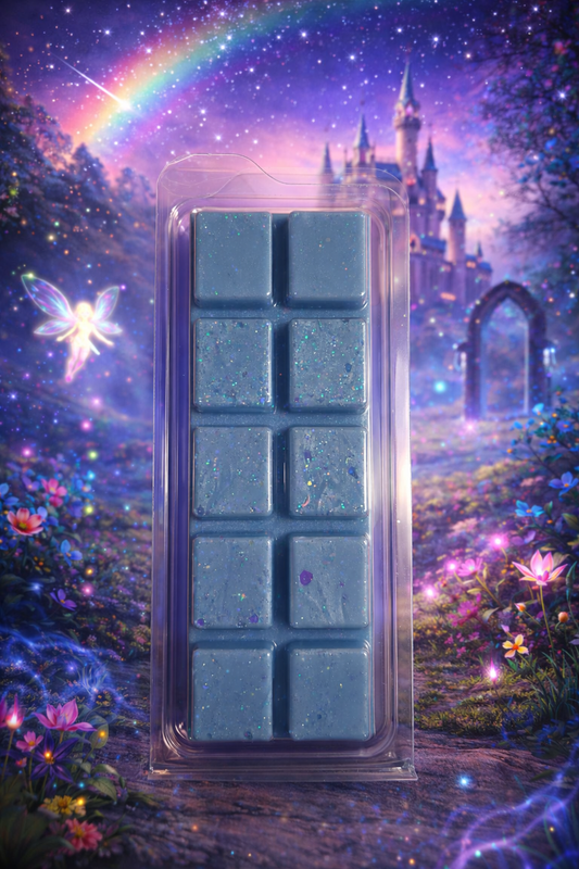 Blue wax melt bar with a fairy and castle in a magical landscape
