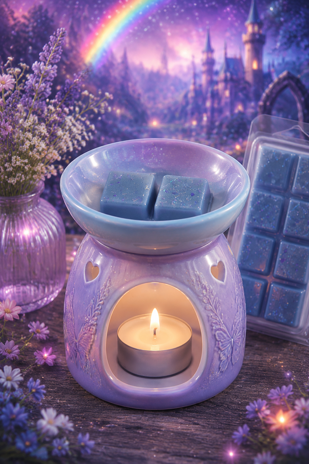 A lavender wax warmer with a lit tealight candle, containing two blue wax melts, shown next to a package of blue wax melts on a rustic wooden surface with a whimsical fantasy castle and rainbow background.