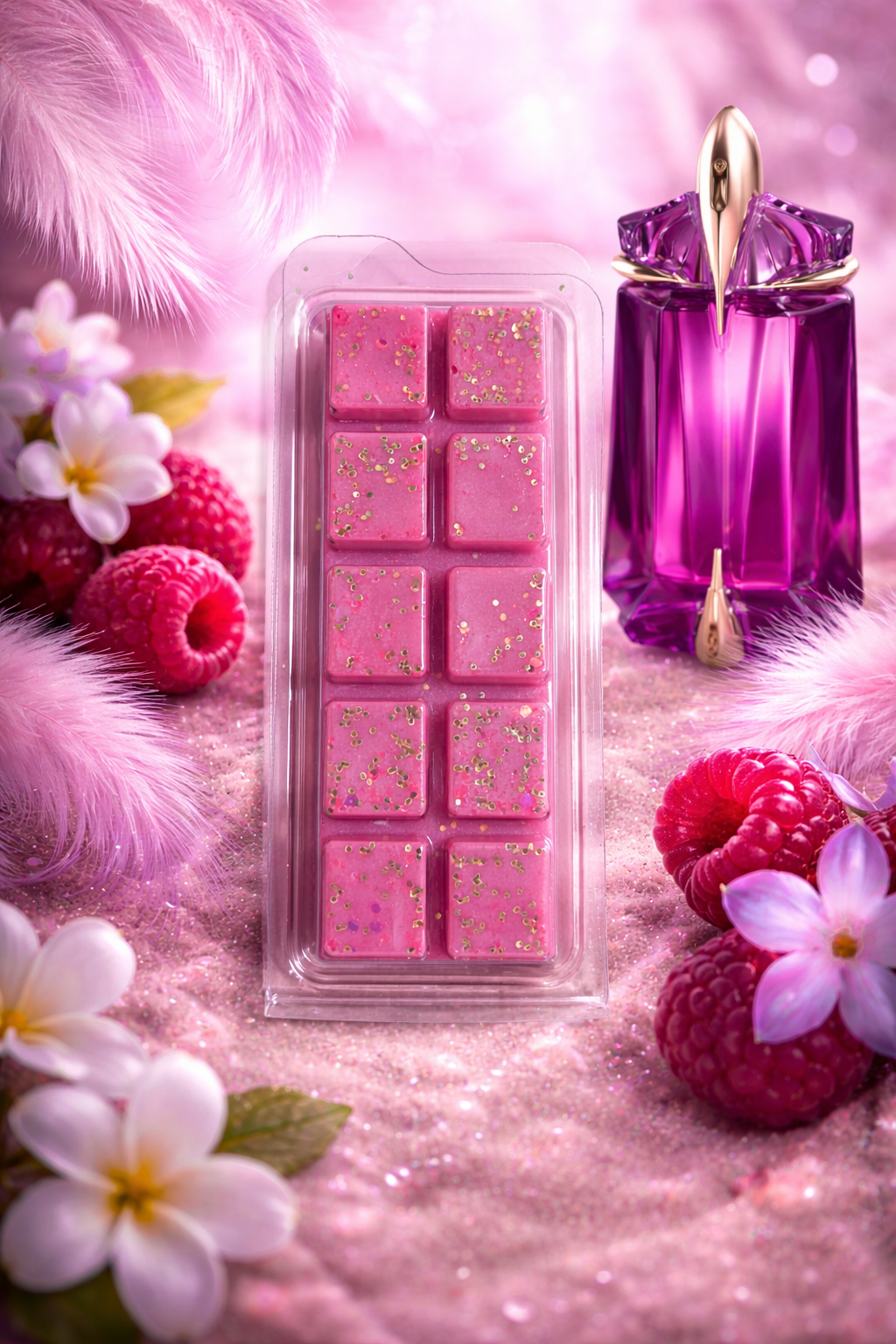Pink wax melts in a mold with a purple perfume bottle on a pink background with flowers and berries.
