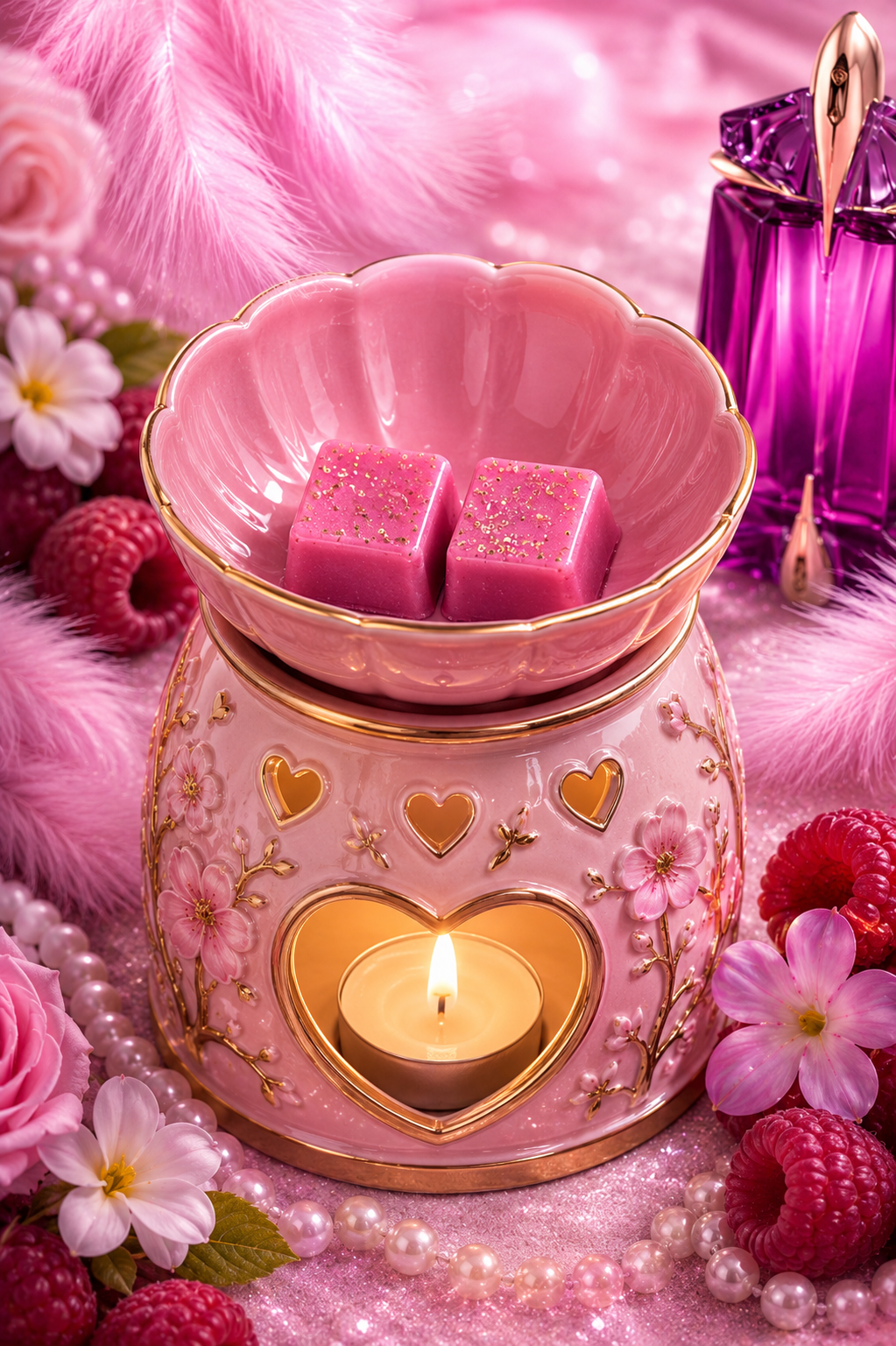 A pink wax warmer with gold trim and floral details, holding two pink wax cubes in a scalloped bowl, with a small lit tealight candle inside. The warmer is surrounded by pink flowers, pearls, raspberries, and fluffy pink fabric, with a purple perfume bottle partially visible in the background.